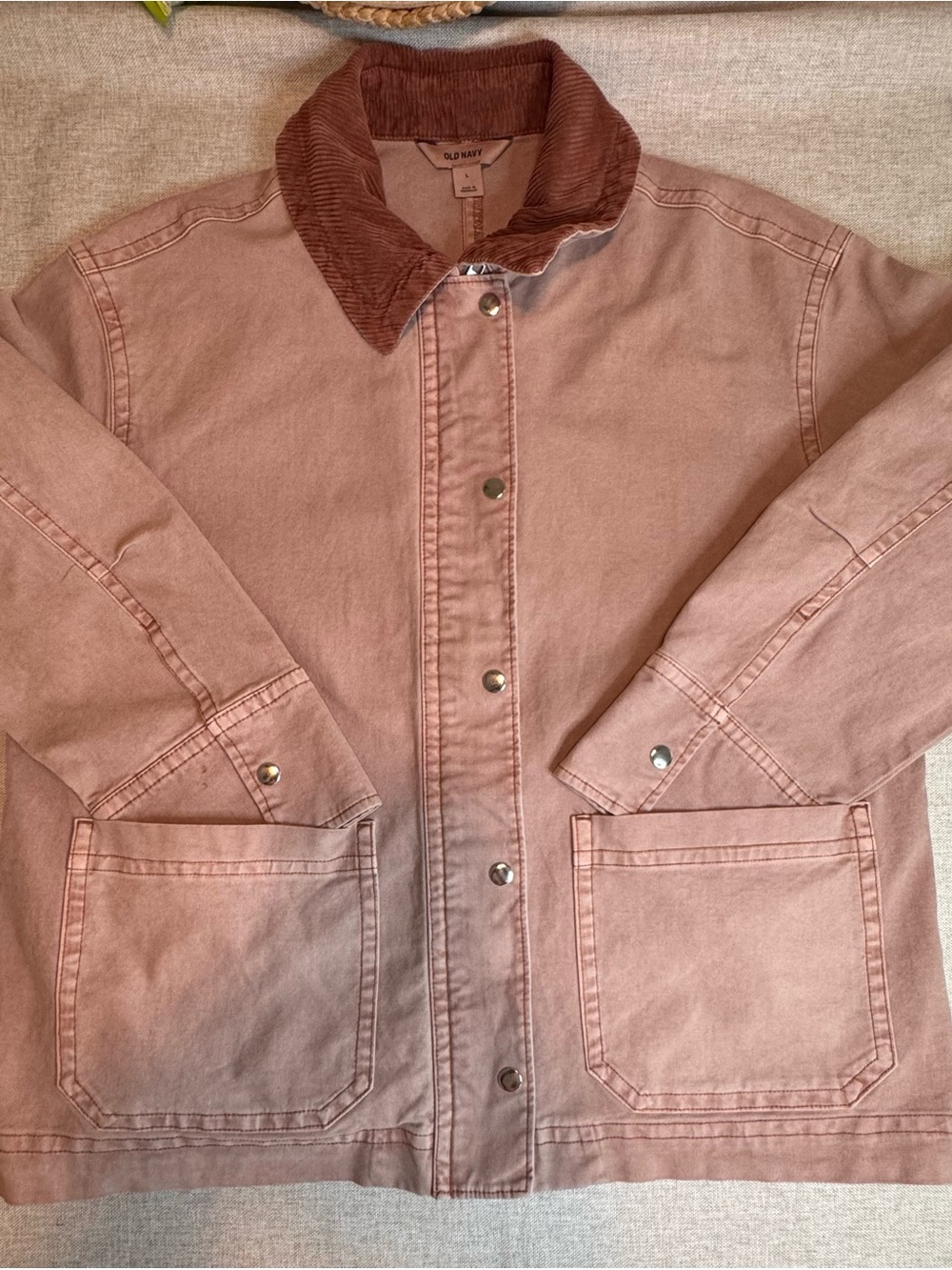 Old Navy Men's Rose-Pink Cotton Jacket with Brown Corduroy Collar-size L